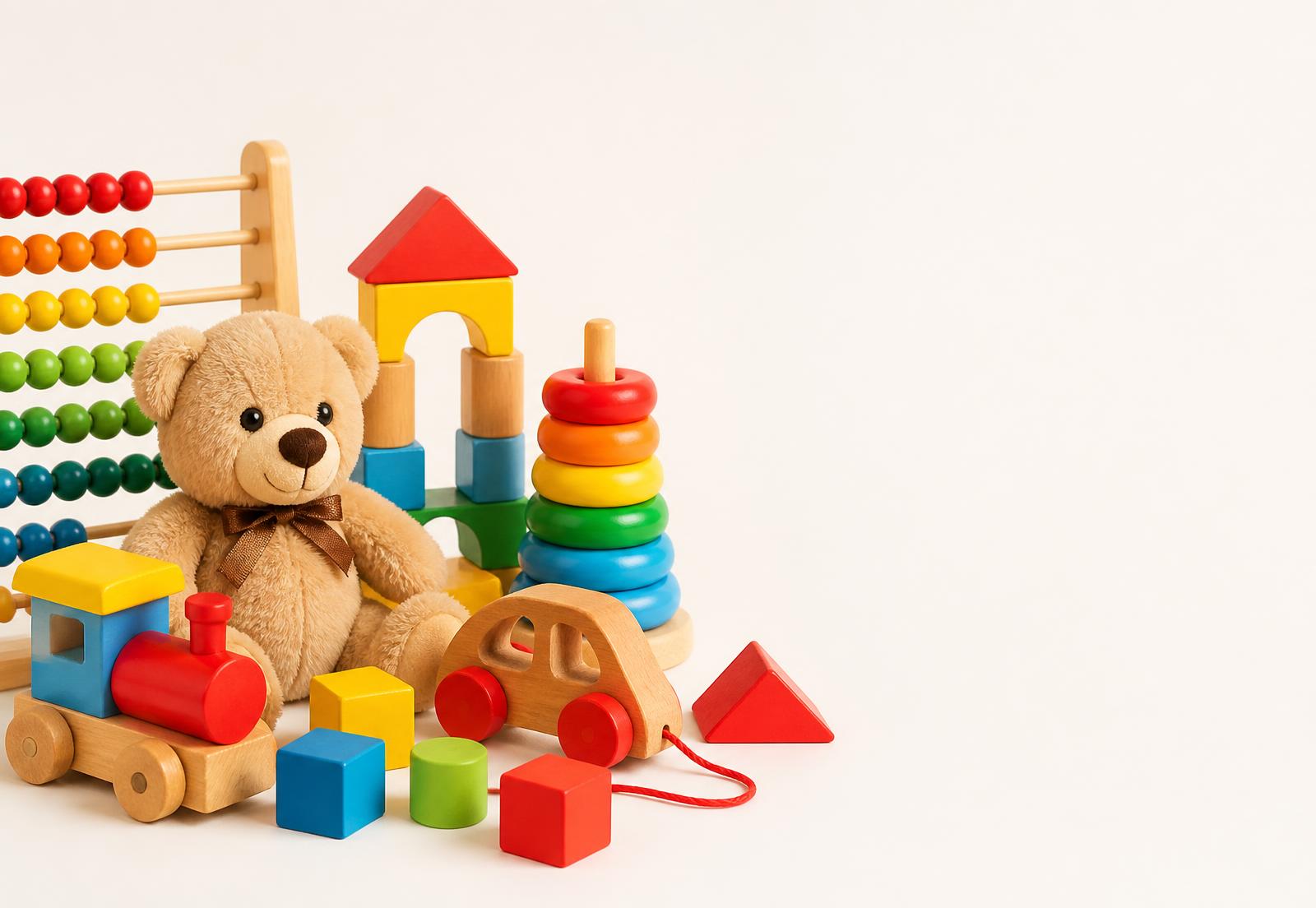 Colourful wooden blocks, teddy bear and toy cars from the Toys Land World collection